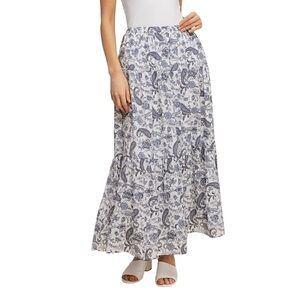 Single Thread Paisley Tiered Maxi Skirt Pleated Elastic Waist Blue White XL NWT